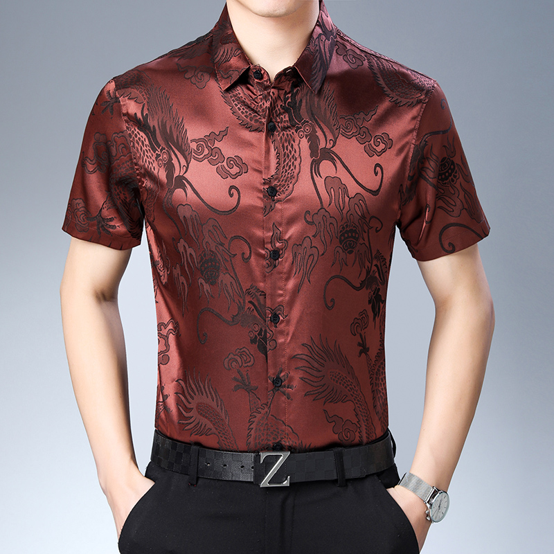 Mens Satin Silk Dress Shirt - Chemise en satin à manches courtes
