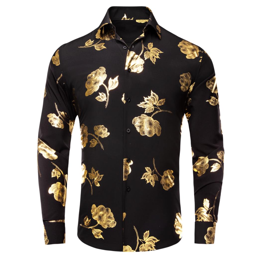 Mens Satin Silk Dress Shirt - Hi-aught-Chemises noires et dorées pour hommes,