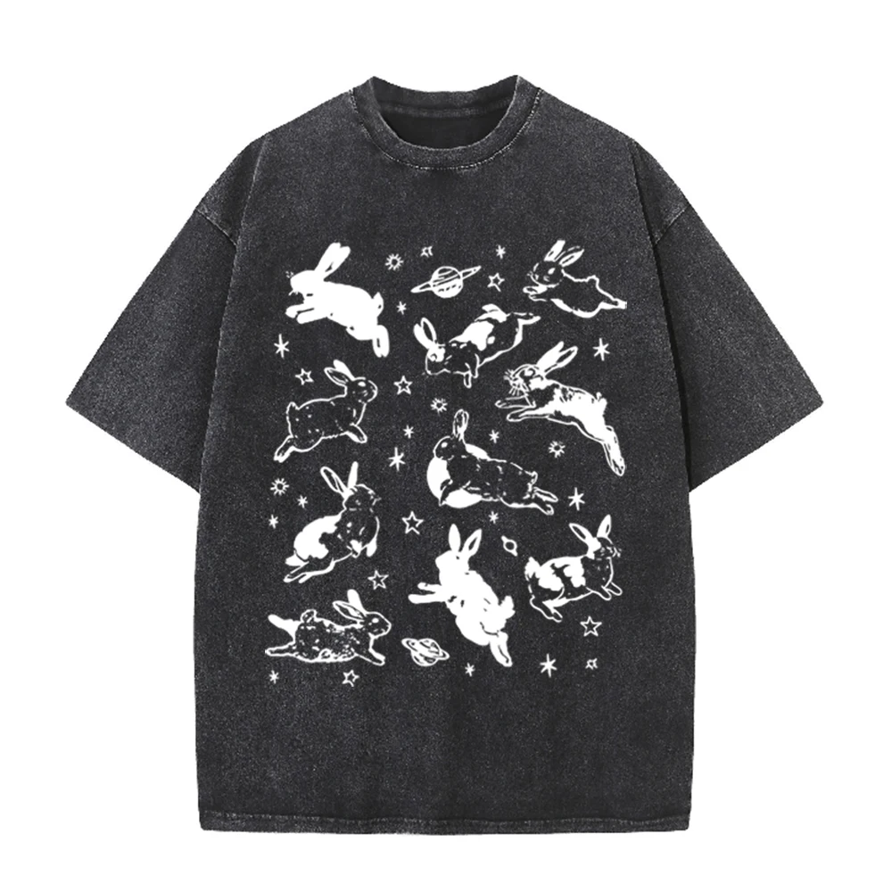 Acid Wash Vintage Graphic T Shirt - T-shirt unisexe décontracté noir délavé à