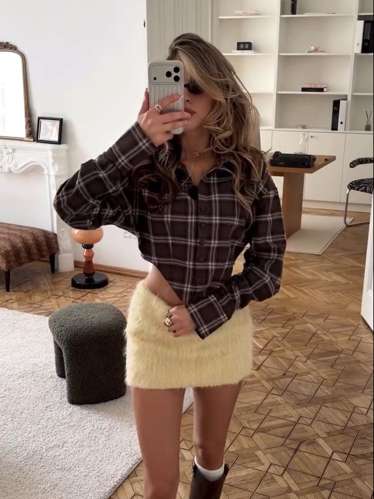 Mens Linen Shirt Long Sleeve - Chemise courte à carreaux pour femme,