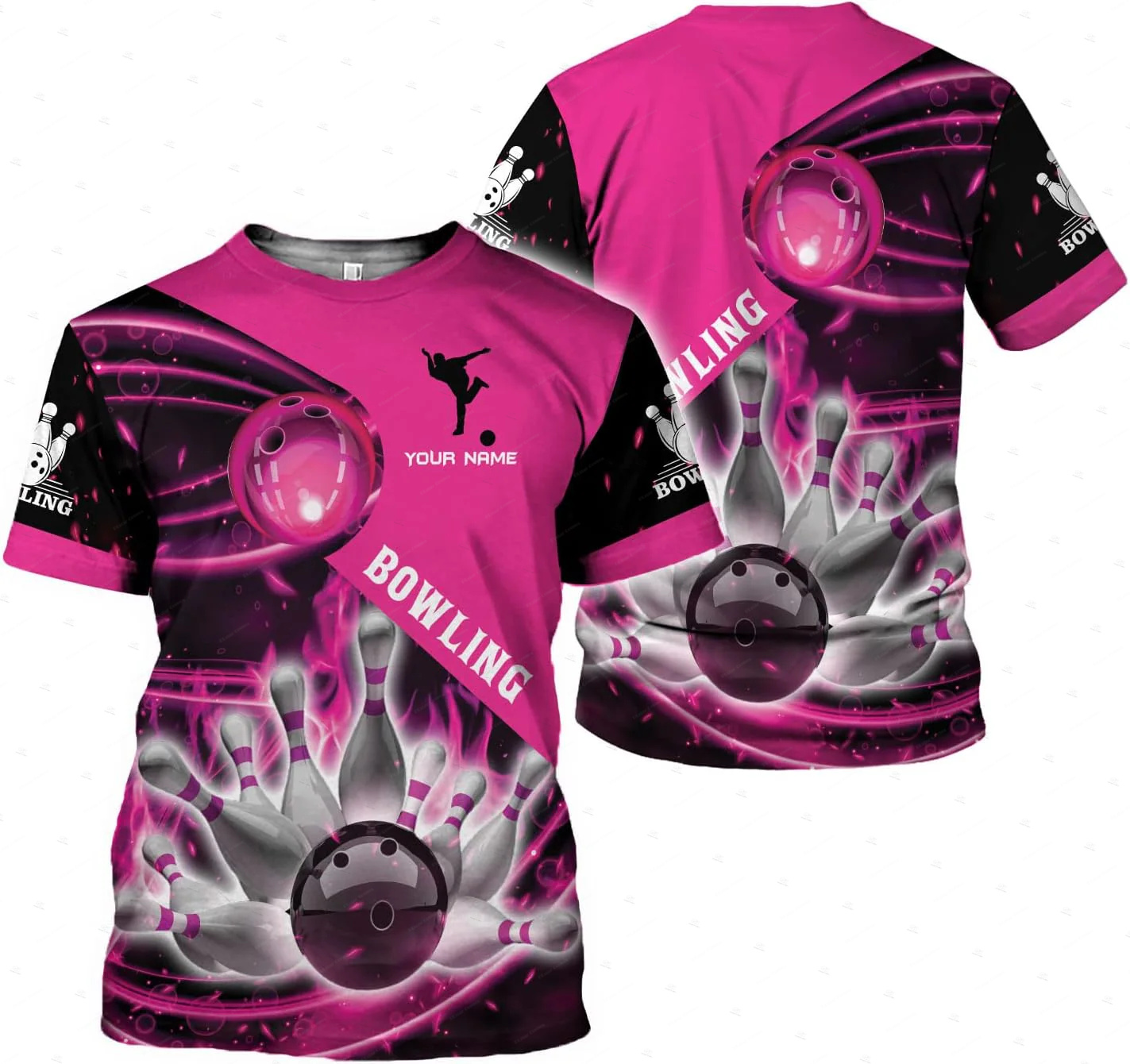 Short Sleeve Bowling Shirt Retro - Nom personnalisé dégradé Bowling flamme Graffiti