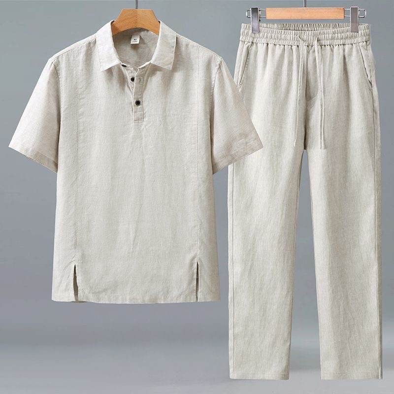 Mens Linen Shirt Long Sleeve - Ensemble deux pièces décontracté pour homme