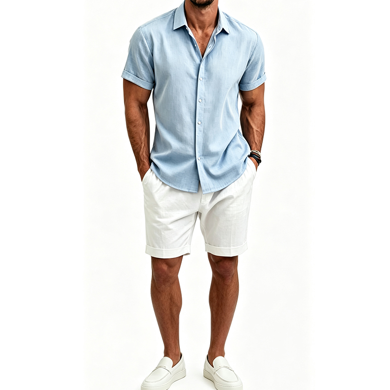 Mens Linen Shirt Long Sleeve - Ensemble chemise et short en coton