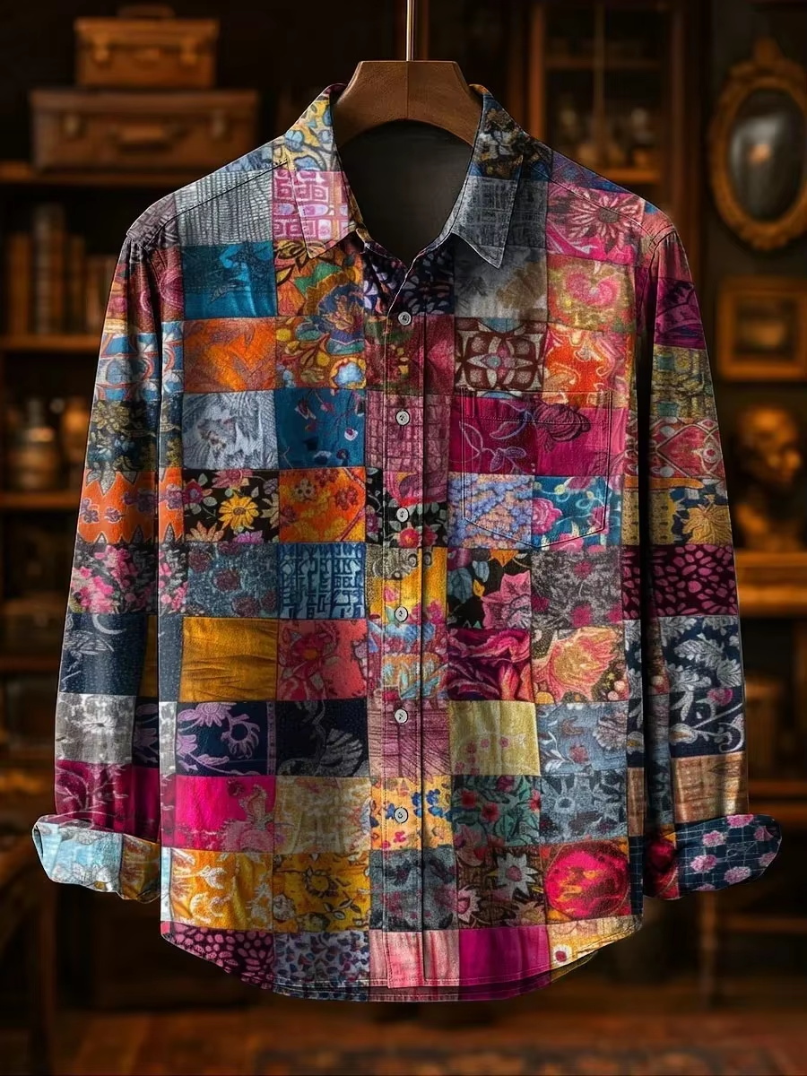Mens Linen Shirt Long Sleeve - Chemise décontractée pour homme, design patchwork,