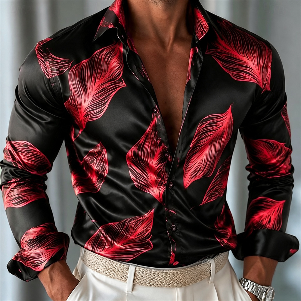 Chemise en satin à motif feuil - Mens Satin Silk Dress Shirt avis et prix