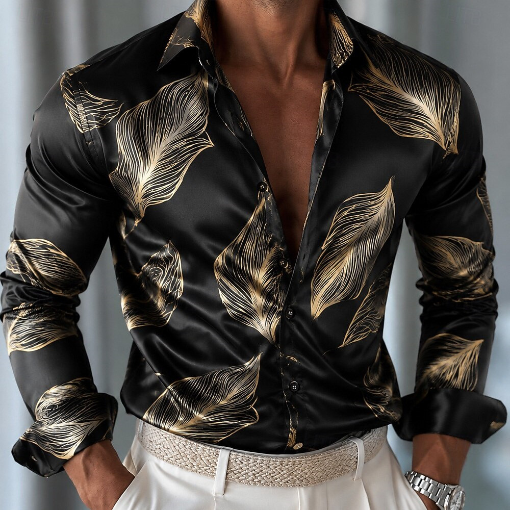 Chemise en satin à motif feuil - Mens Satin Silk Dress Shirt avis et prix