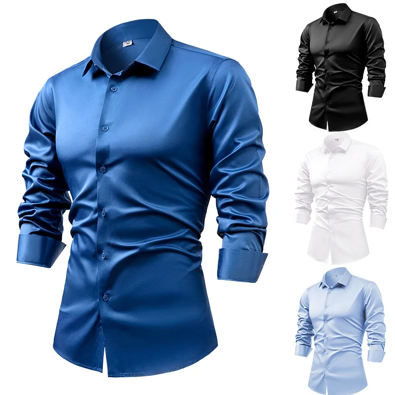 Chemises provoqué à manches lo - Mens Satin Silk Dress Shirt avis et prix