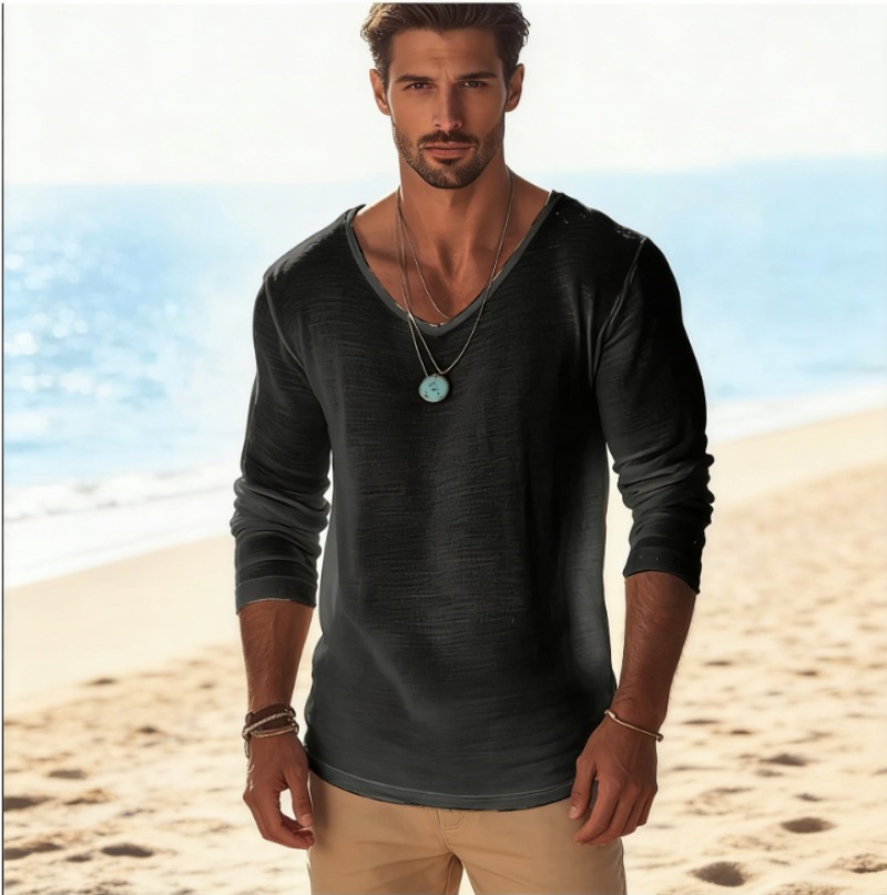 T-shirt décontracté à col en V - Mens Linen Shirt Long Sleeve avis et prix