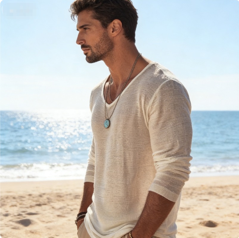 T-shirt décontracté à col en V - Mens Linen Shirt Long Sleeve avis et prix